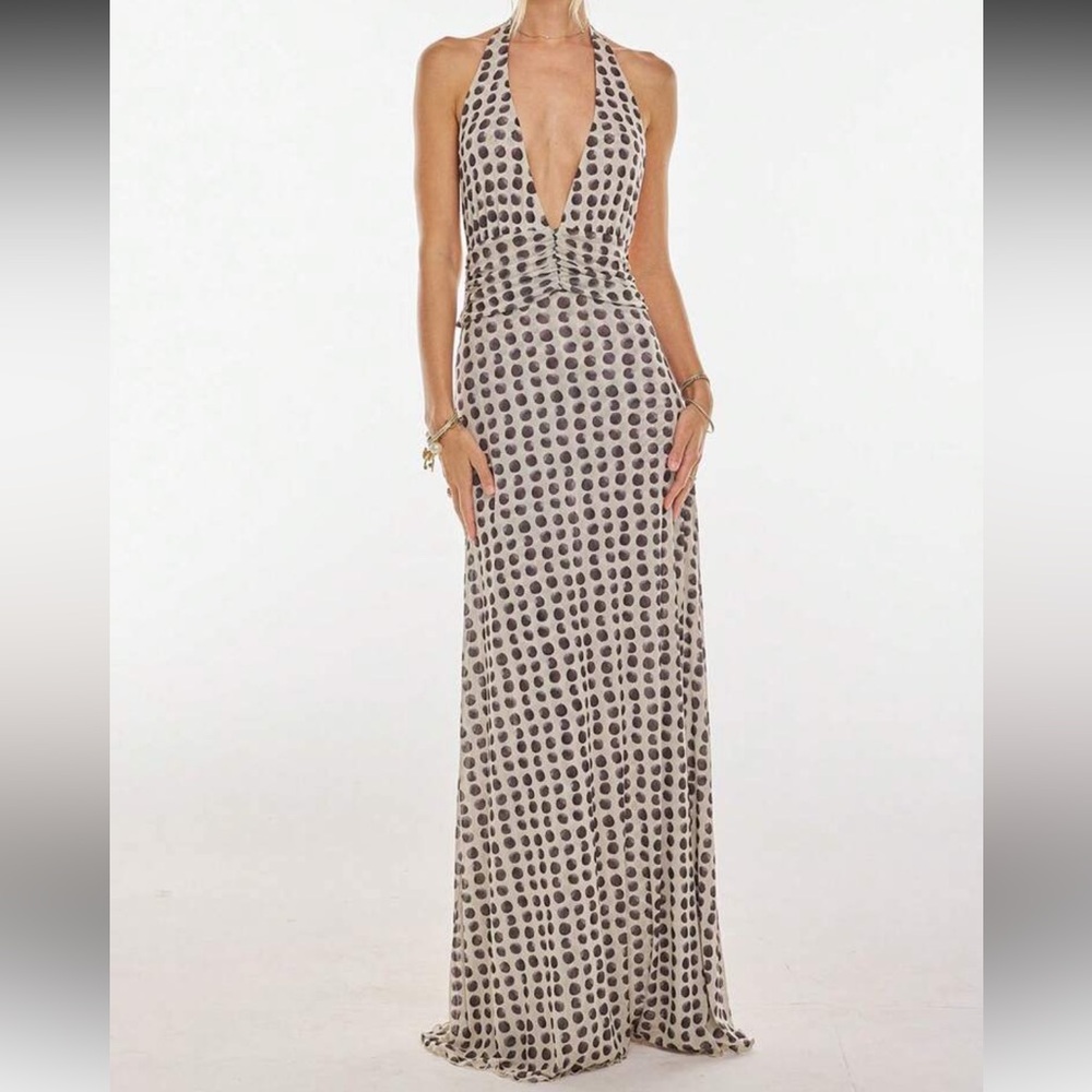 Polka Dot Halter Maxi Dress- Cream and Black